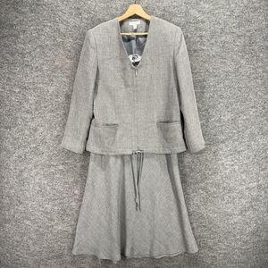 Annie Alexander Skirt Suit Women 12 Gray V-Neck Full Zip Long Sleeve A-Line Midi